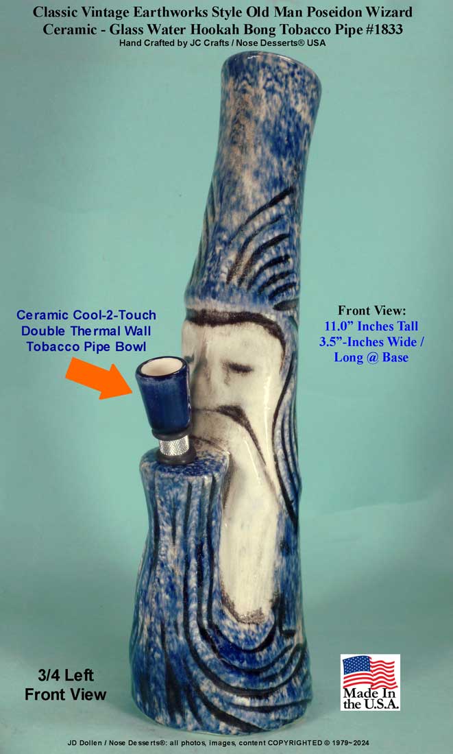 Classic Vintage Earthworks Old Man Wizard Poseidon Blue Ceramic Tobacco Bong Water Pipe