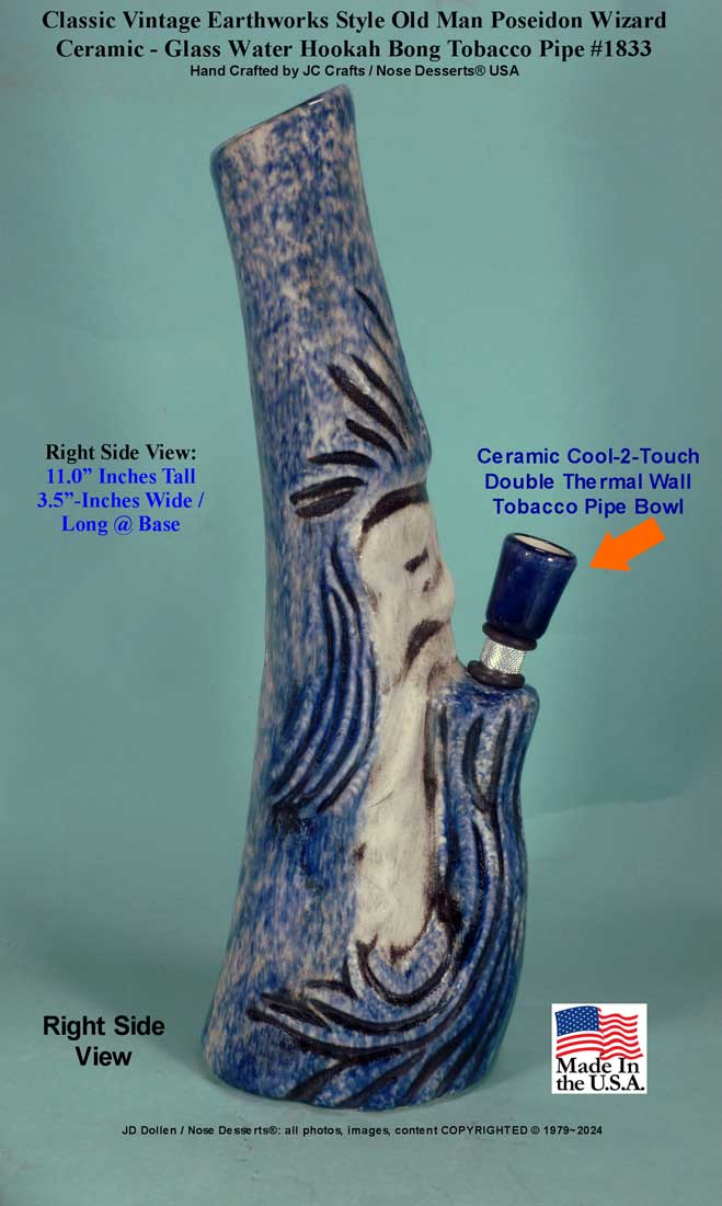 Classic Vintage Earthworks Old Man Wizard Poseidon Blue Ceramic Tobacco Bong Water Pipe