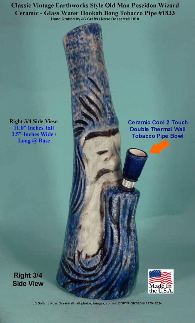 Classic Vintage Earthworks Old Man Wizard Poseidon Blue Ceramic Tobacco Bong Water Pipe