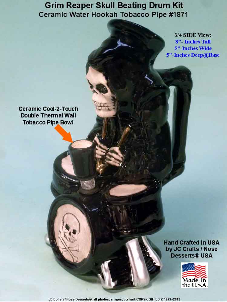 #1871: Classic Vintage 1970's Rumph Type Reproduction, Death Drummer Kit Grim Reaper Ceramic Glass Tobacco Bong Water Pipe, USA FREE SHIPPING!