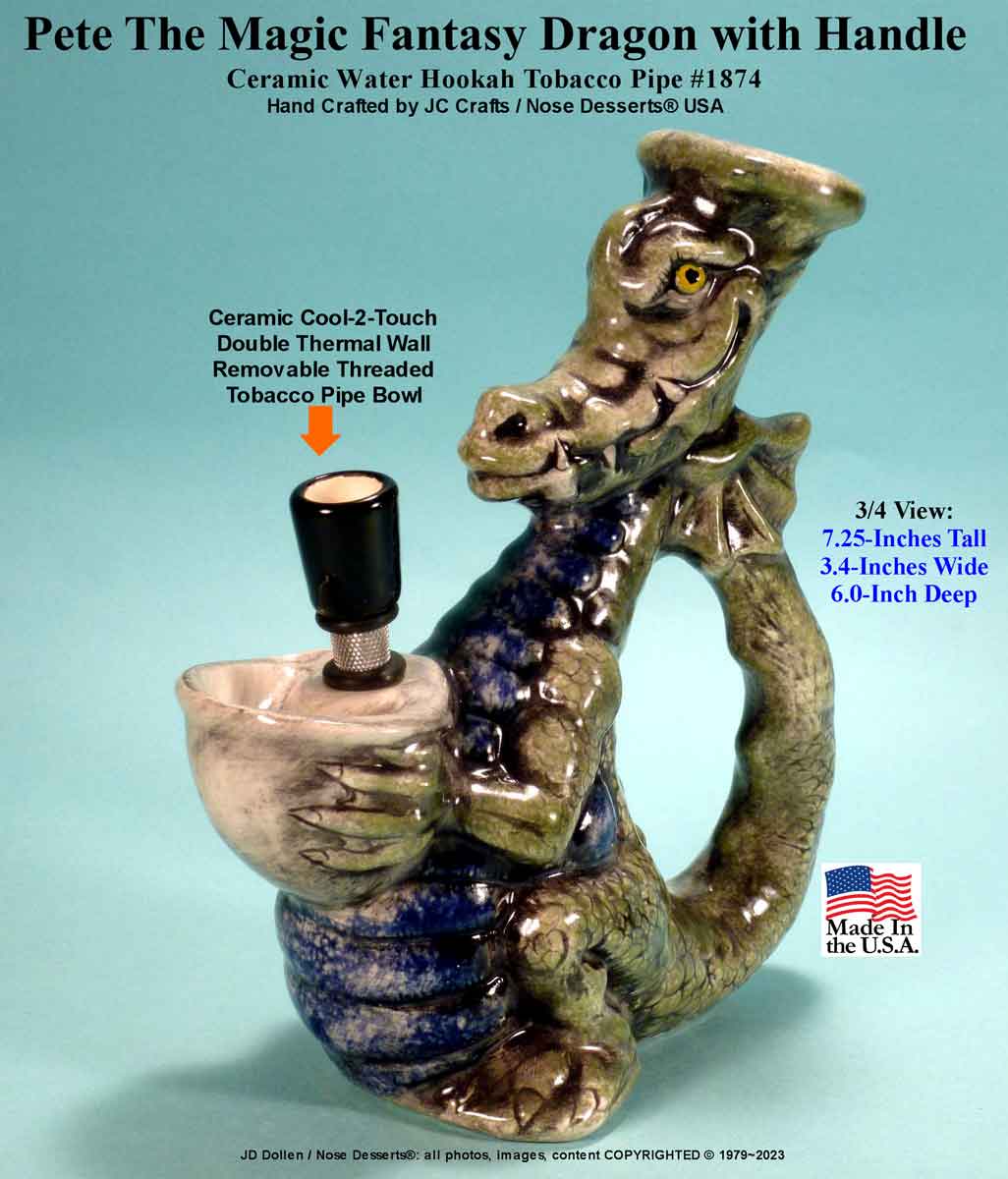 Classic Vintage Reproduction of Pete Magic Dragon, Full Color, Ceramic Rumph Style Water Hookah Tobacco Bong Pipe - FREE SHIPPING!