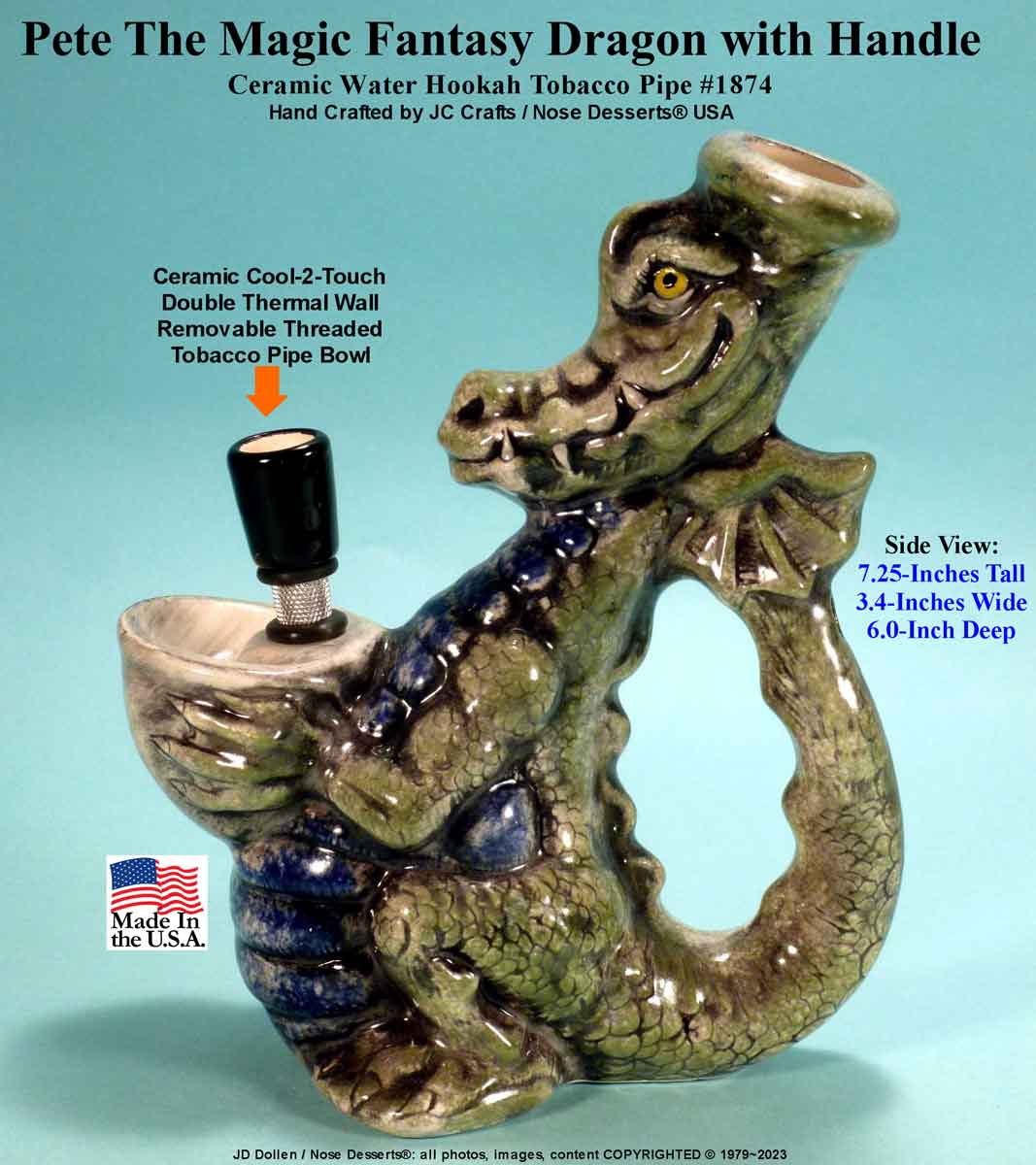Classic Vintage Reproduction of Pete Magic Dragon, Full Color, Ceramic Rumph Style Water Hookah Tobacco Bong Pipe - FREE SHIPPING!
