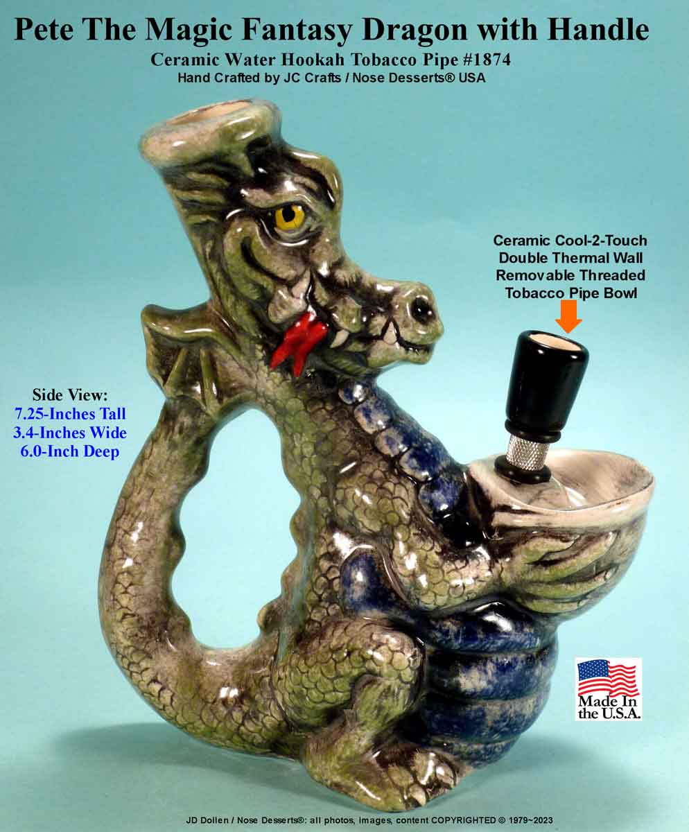 Classic Vintage Reproduction of Pete Magic Dragon, Full Color, Ceramic Rumph Style Water Hookah Tobacco Bong Pipe - FREE SHIPPING!