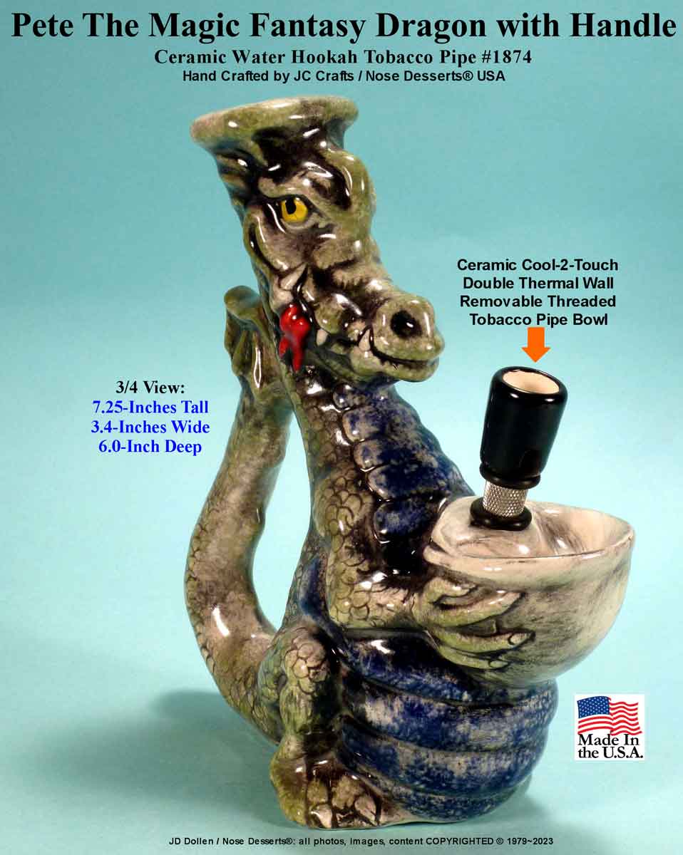 Classic Vintage Reproduction of Pete Magic Dragon, Full Color, Ceramic Rumph Style Water Hookah Tobacco Bong Pipe - FREE SHIPPING!