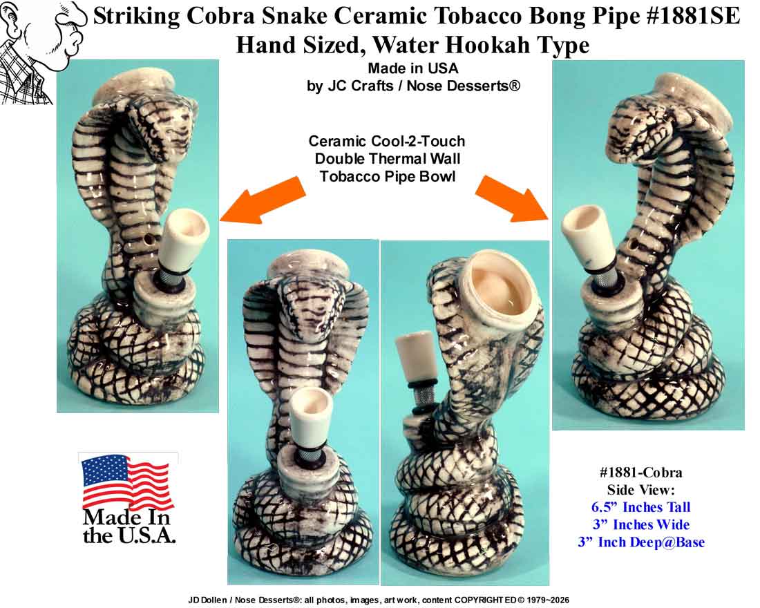King Cobra Viper, Antique Wash Glaze Ceramic Tobacco Wate-pipe bong Hookah, Rumph #1881SE, Made in USA - FREE SHIPPING!