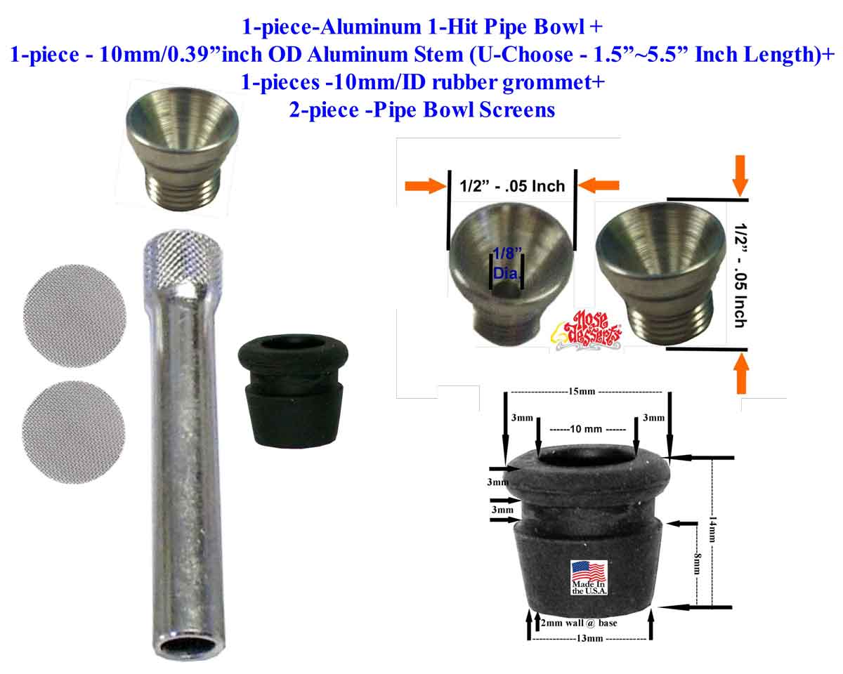 5 pieces Tobacco Bong Hookah Ceramic Glass Water Pipe Complete Set-Up Parts, Your Choice, 1.5 - Thru - 4.5-inch Stem+1-Hit Bowl+Grommet+Screens - FREE SHIPPING!