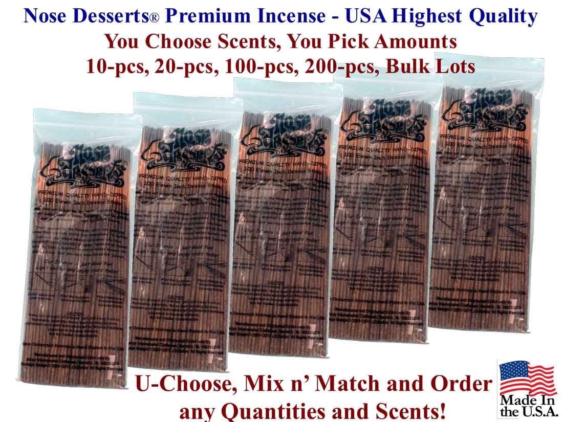 Acclaimed Aromatic, Nose Desserts Premium Incense, 90~100-pcs, 11-inch Sticks, U-Choose Scent, + INCLUDES Wood Incense Burner, Made In USA, - FREE SHIPPING!