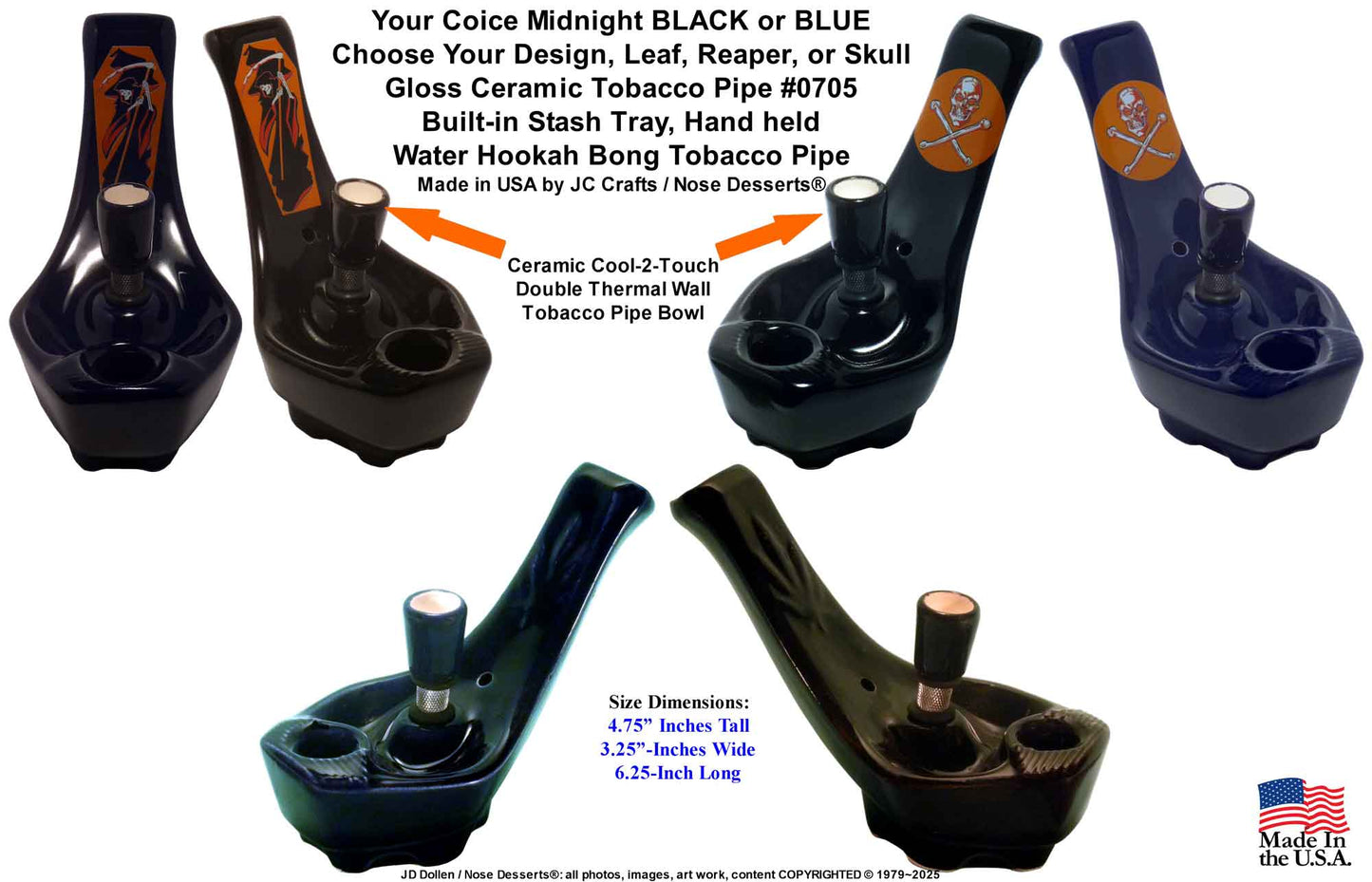 Classic Vintage Reproduction of 1970's JACPA Water-Pipe's, Cannabis Street Toke Style, Bent Neck Black and BLUE Ceramic Glass Vase Tobacco Bong Water Pipe - FREE SHIPPING!