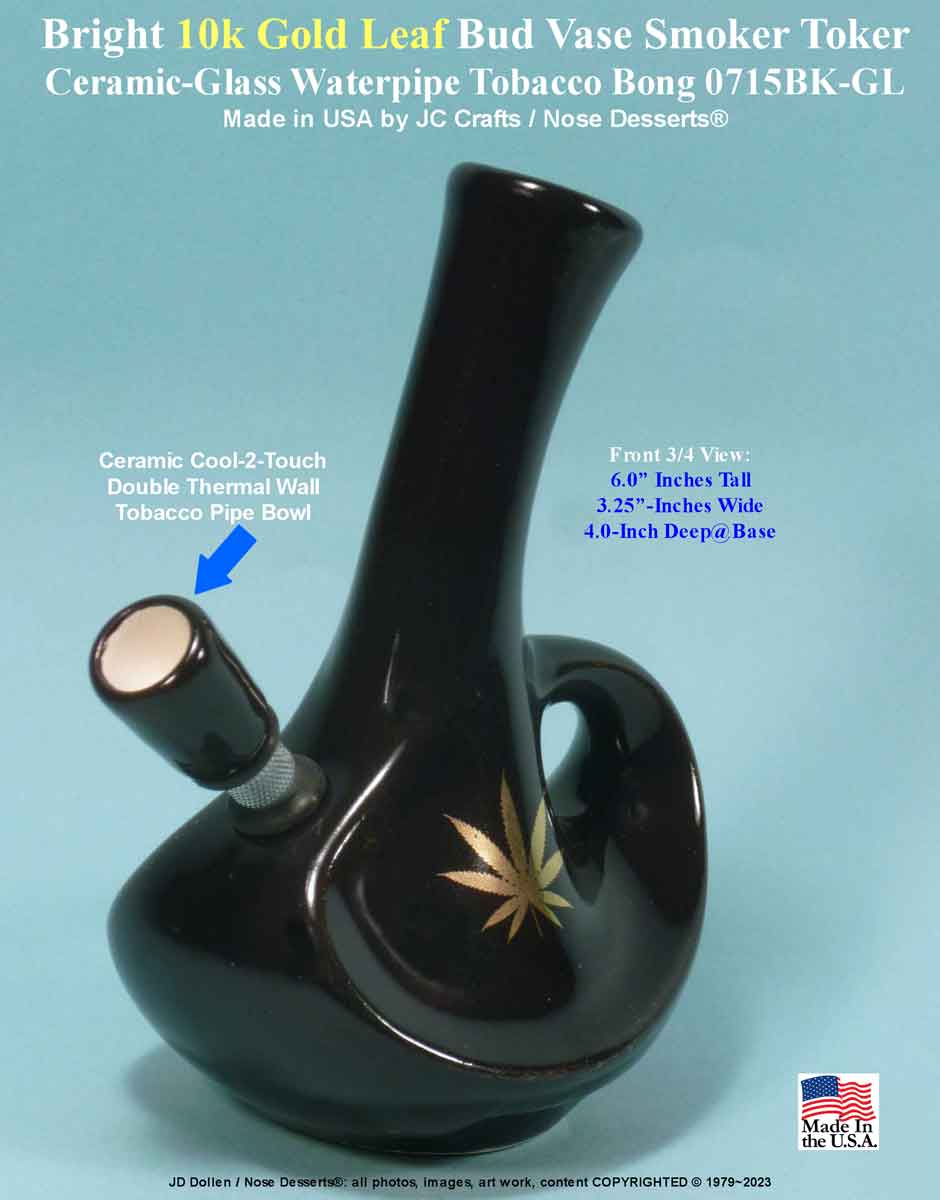 #0715: Classic Vintage Reproduction, Laid Back Bud Vase with “Gold Leaf” Killer Toker Ceramic Glass Water Pipe Tobacco Hookah Bong  - FREE SHIPPING!