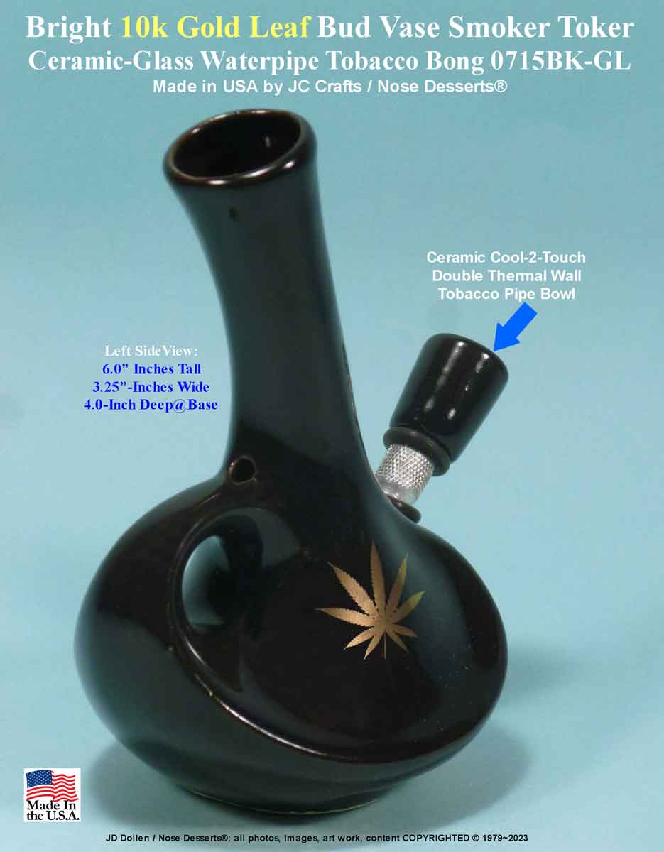 #0715: Classic Vintage Reproduction, Laid Back Bud Vase with “Gold Leaf” Killer Toker Ceramic Glass Water Pipe Tobacco Hookah Bong  - FREE SHIPPING!