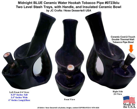 #0723Blu: Classic Vintage 1970's Reproduction of, 'Glass Head' Crusher Style, Tobacco Bong Hookah Water Pipe Midnight Blue Ceramic Glass USA- FREE SHIPPING!