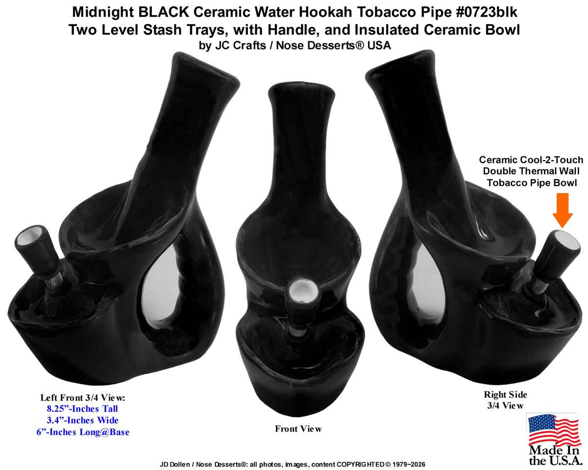#0723Blk: Classic Vintage 1970's Reproduction of, 'Glass Head' Crusher Style, Tobacco Bong Hookah Water Pipe Black Ceramic Glass USA- FREE SHIPPING!