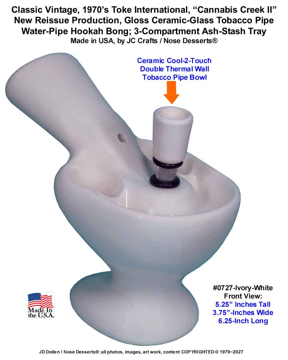 #0727wht: Classic Vintage 1970's Reissue, Toke International 'Cannabis Creek II', 3-Compartment Stash+Ash Tray Ceramic Glass Water Tobacco Bong Pipe - FREE SHIPPING!