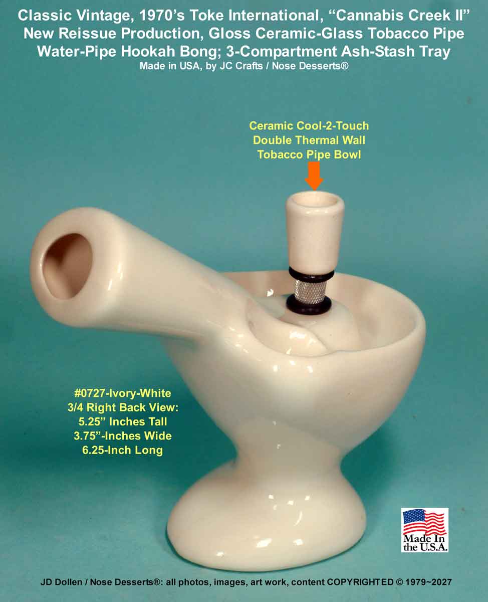 #0727wht: Classic Vintage 1970's Reissue, Toke International 'Cannabis Creek II', 3-Compartment Stash+Ash Tray Ceramic Glass Water Tobacco Bong Pipe - FREE SHIPPING!