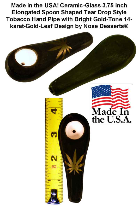 #0729GL: Tear Drop Style, Ceramic – Glass, Large, Tobacco Pocket Pipe with Bright Gold-Tone Leaf Design, FREE SHIPPING!