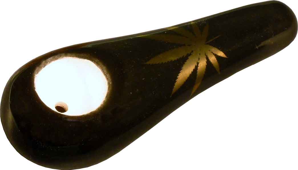 #0729GL: Tear Drop Style, Ceramic – Glass, Large, Tobacco Pocket Pipe with Bright Gold-Tone Leaf Design, FREE SHIPPING!