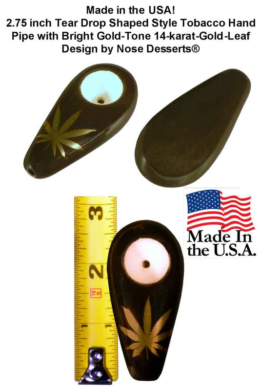 #0730GL: Tear Drop Style, Ceramic – Glass, Medium Size, Tobacco Pocket Pipe with Bright Gold-Tone Leaf Design, FREE SHIPPING!
