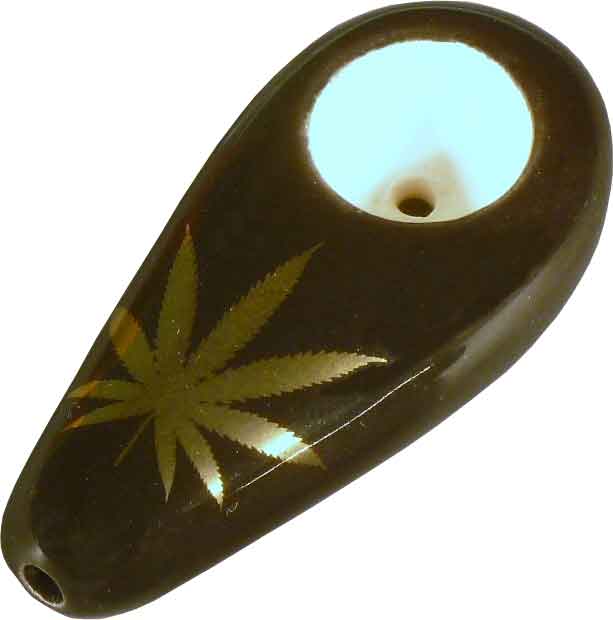 #0730GL: Tear Drop Style, Ceramic – Glass, Medium Size, Tobacco Pocket Pipe with Bright Gold-Tone Leaf Design, FREE SHIPPING!