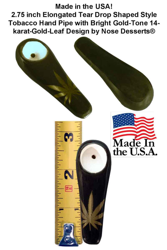 #0731GL: Tear Drop Style, Ceramic – Glass, Medium Size, Tobacco Pocket Pipe with Bright Gold-Tone Leaf Design, FREE SHIPPING! (Copy)