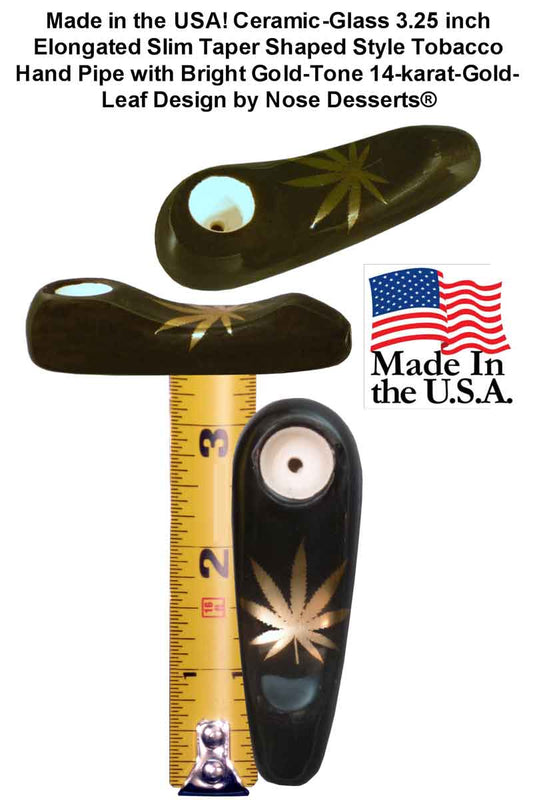 #0732GL: Tear Drop Style, Ceramic – Glass, Large Size, Tobacco Pocket Pipe with Bright Gold-Tone Leaf Design, FREE SHIPPING!
