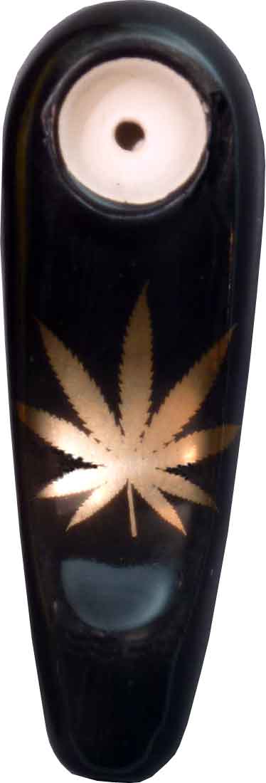 #0732GL: Tear Drop Style, Ceramic – Glass, Large Size, Tobacco Pocket Pipe with Bright Gold-Tone Leaf Design, FREE SHIPPING!