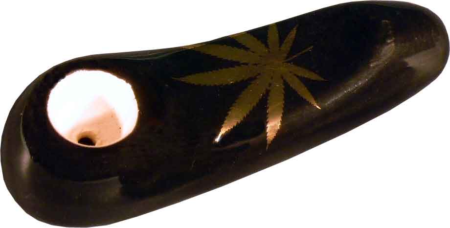 #0732GL: Tear Drop Style, Ceramic – Glass, Large Size, Tobacco Pocket Pipe with Bright Gold-Tone Leaf Design, FREE SHIPPING!