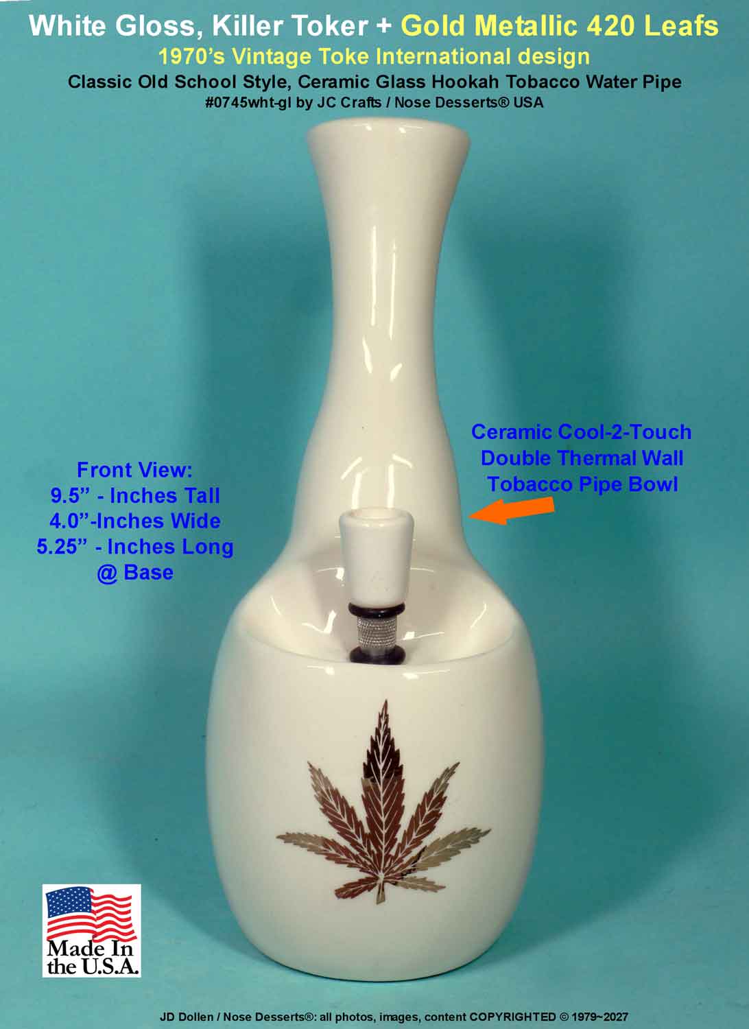 #0745wht: Classic Vintage 1970's Reproduction, "Toke International Style" Old School, Big Hit - KILLER - Tobacco Bong Waterpipe, +Metallic Gold Leaf Design, WHITE Ceramic Glass - FREE SHIPPING!
