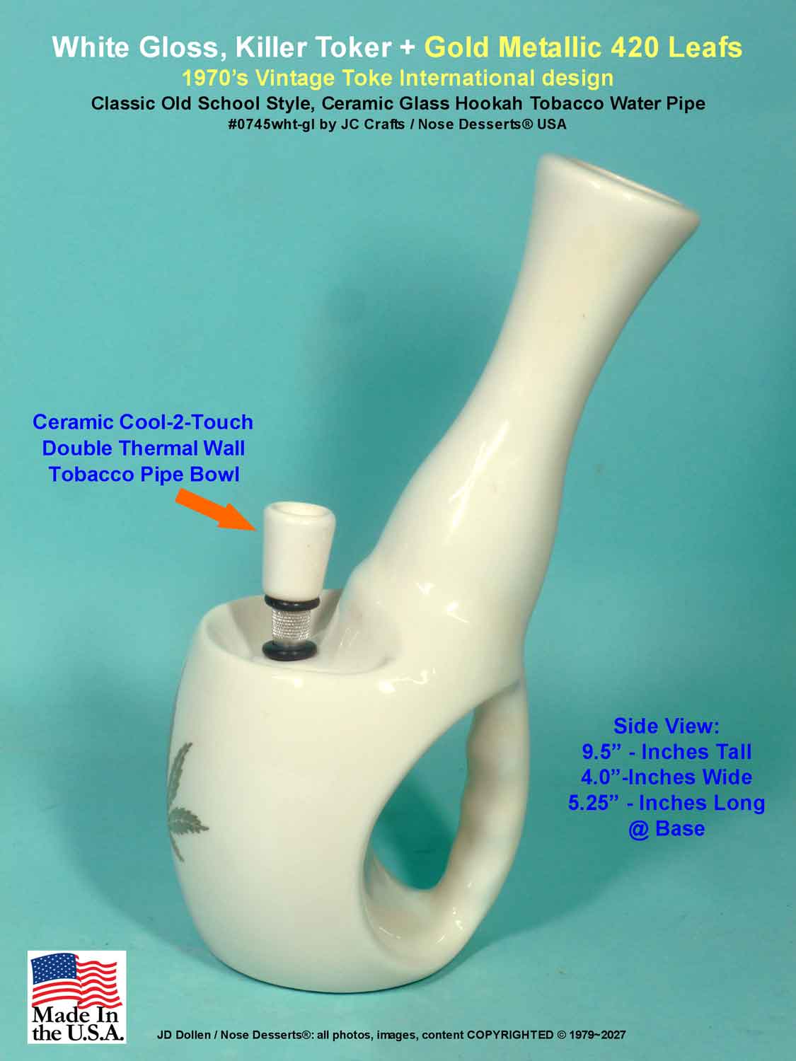 #0745wht: Classic Vintage 1970's Reproduction, "Toke International Style" Old School, Big Hit - KILLER - Tobacco Bong Waterpipe, +Metallic Gold Leaf Design, WHITE Ceramic Glass - FREE SHIPPING!