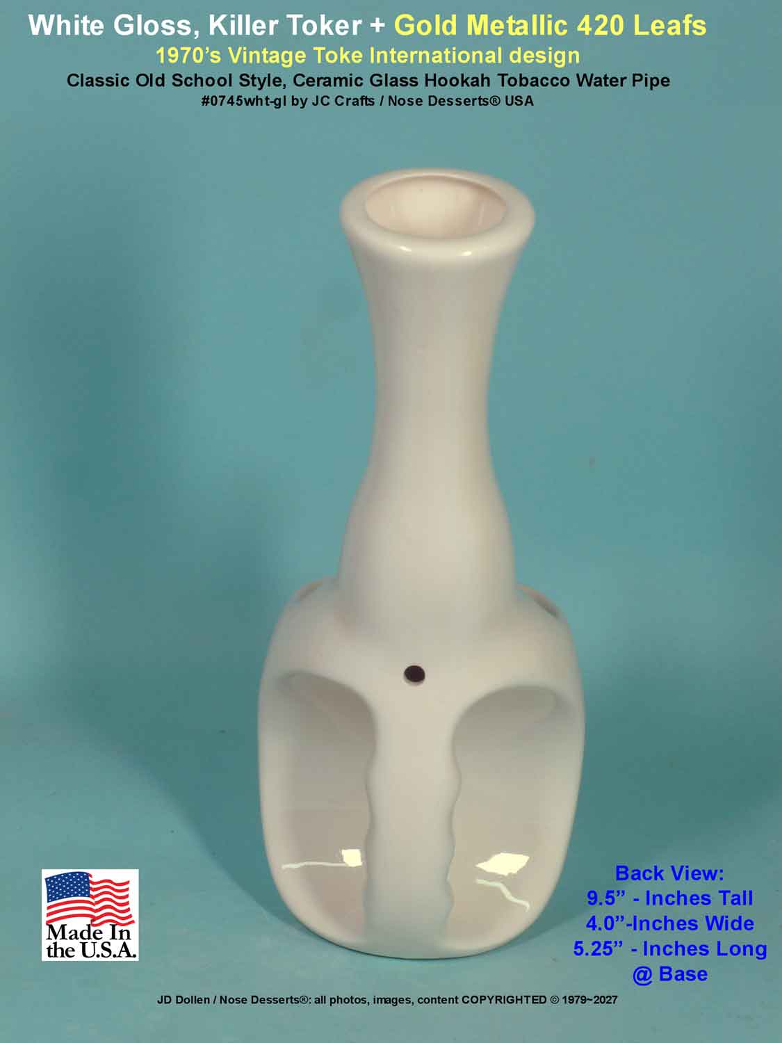 #0745wht: Classic Vintage 1970's Reproduction, "Toke International Style" Old School, Big Hit - KILLER - Tobacco Bong Waterpipe, +Metallic Gold Leaf Design, WHITE Ceramic Glass - FREE SHIPPING!