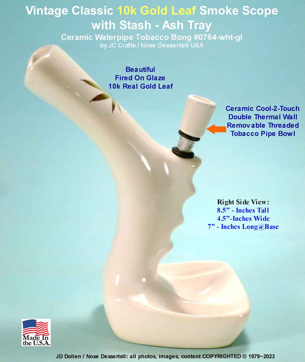 #0764SE-Wht-GL: Classic Vintage 1970's Reproduction of Toke International Smoke Scope with 10k Gold Leaf, Tobacco Bong Hookah Water Pipe White Ceramic Glass USA- FREE SHIPPING!