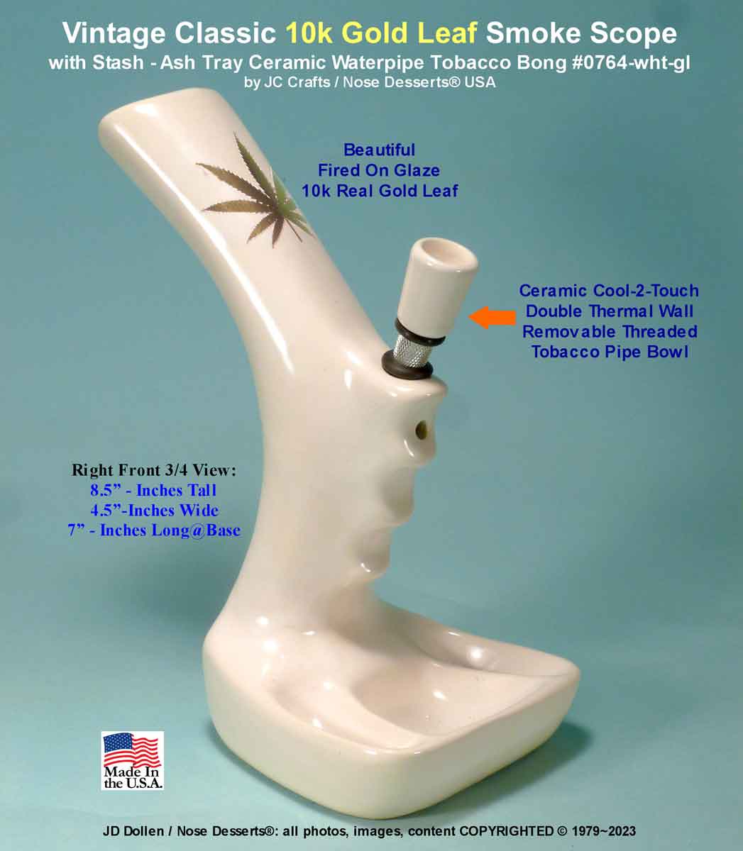 #0764SE-Wht-GL: Classic Vintage 1970's Reproduction of Toke International Smoke Scope with 10k Gold Leaf, Tobacco Bong Hookah Water Pipe White Ceramic Glass USA- FREE SHIPPING!