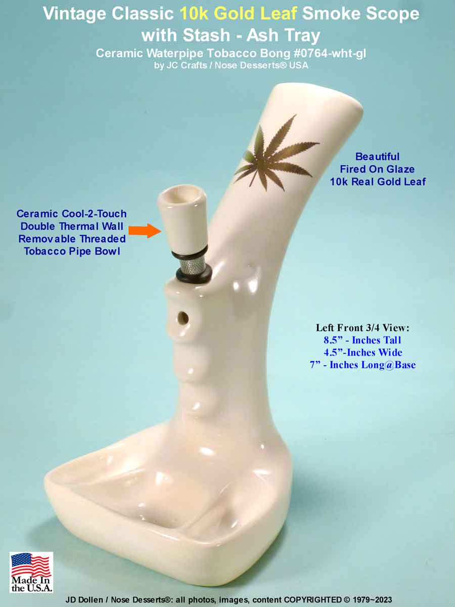 #0764SE-Wht-GL: Classic Vintage 1970's Reproduction of Toke International Smoke Scope with 10k Gold Leaf, Tobacco Bong Hookah Water Pipe White Ceramic Glass USA- FREE SHIPPING!