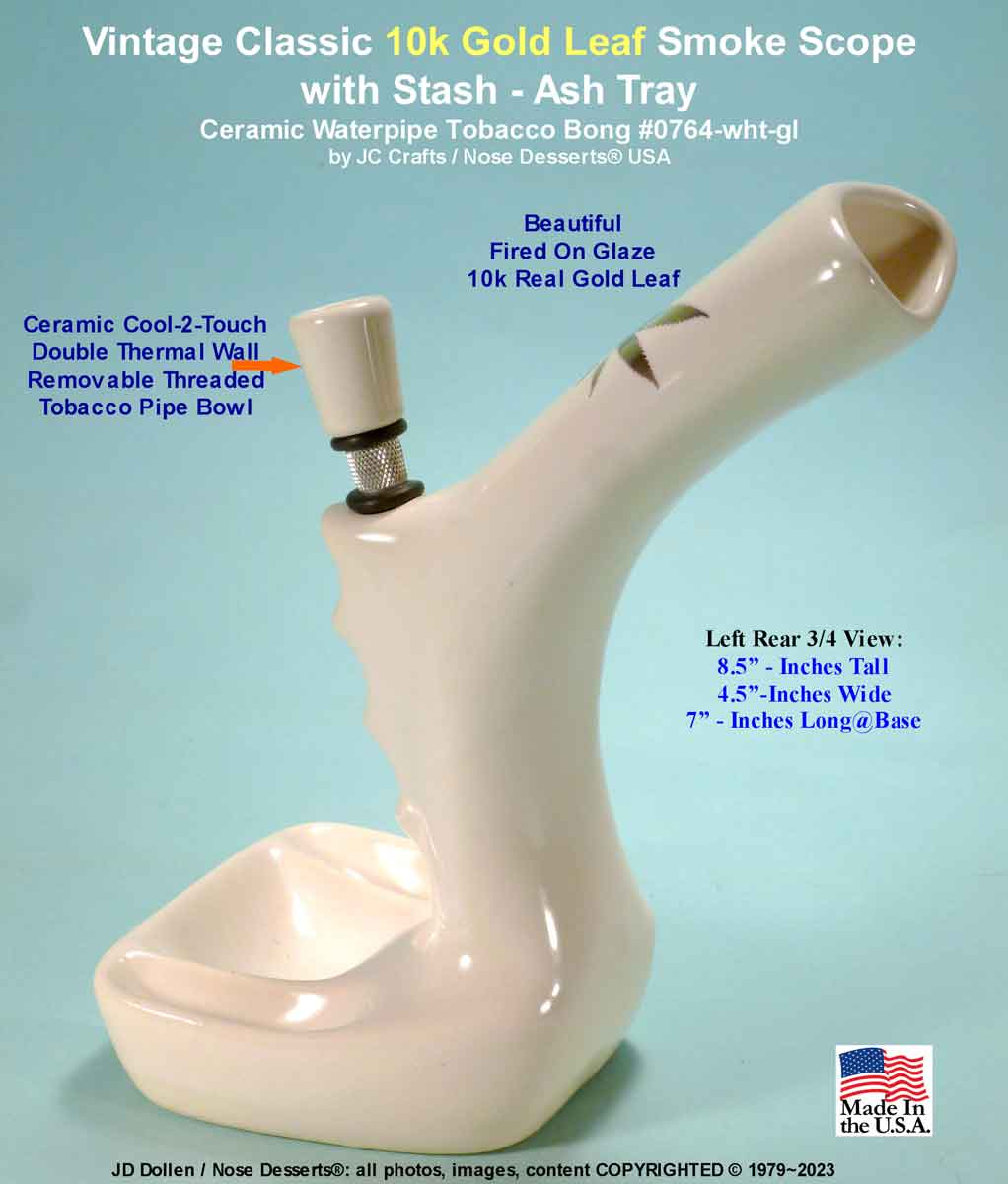 #0764SE-Wht-GL: Classic Vintage 1970's Reproduction of Toke International Smoke Scope with 10k Gold Leaf, Tobacco Bong Hookah Water Pipe White Ceramic Glass USA- FREE SHIPPING!