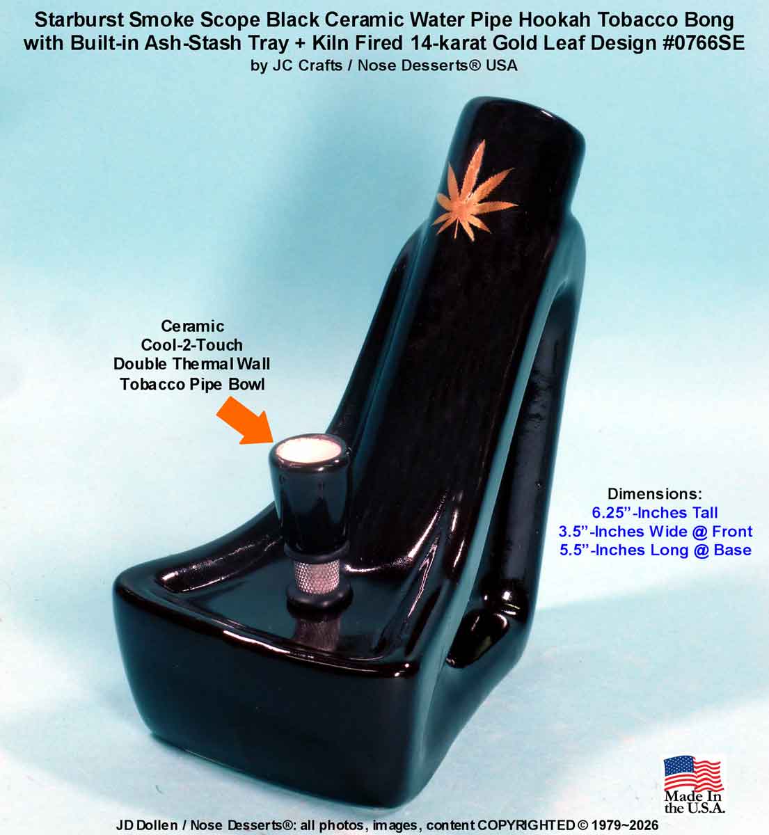 #0766-Blk-GL: Classic Vintage 1970's Reissue of Starburst Smoke Scope, Black Ceramic with 14k Gold Leaf, Tobacco Bong Hookah Water Pipe Ceramic Glass USA- FREE SHIPPING!