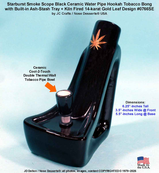 #0766-Blk-GL: Classic Vintage 1970's Reissue of Starburst Smoke Scope, Black Ceramic with 14k Gold Leaf, Tobacco Bong Hookah Water Pipe Ceramic Glass USA- FREE SHIPPING!