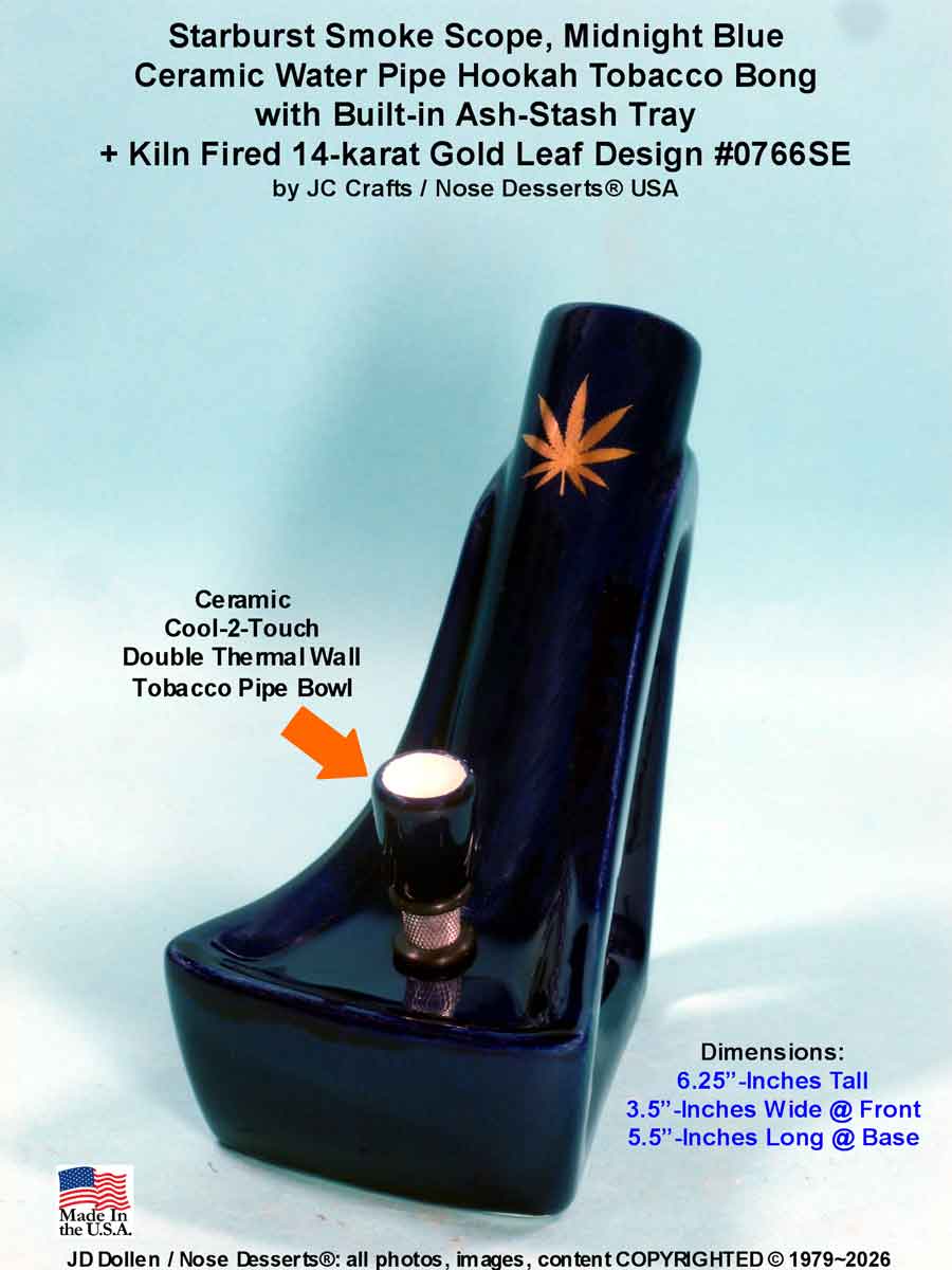 #0766-Blu-GL: Classic Vintage 1970's Reissue of Starburst Smoke Scope, Midnight Blue Ceramic with 14k Gold Leaf, Tobacco Bong Hookah Water Pipe Ceramic Glass USA- FREE SHIPPING!