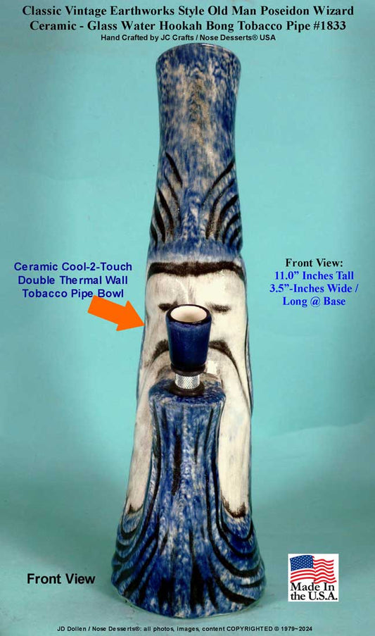 Classic Vintage Earthworks Old Man Wizard Poseidon Blue Ceramic Tobacco Bong Water Pipe