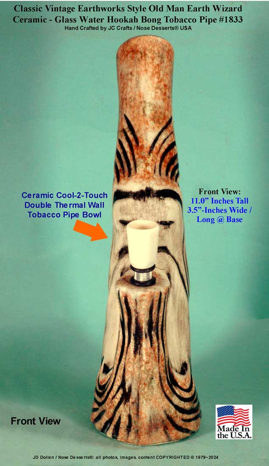 Classic Vintage Earthworks Old Man Wizard Earth Brown Ceramic Glass Tobacco Bong Water-pipe