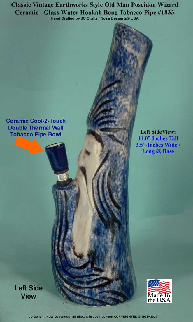 Classic Vintage Earthworks Old Man Wizard Poseidon Blue Ceramic Tobacco Bong Water Pipe