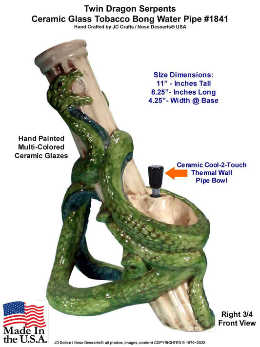 #1841: Classic Vintage 1970's Reproduction,Twin Dragon Serpents Ceramic Glass Tobacco Bong Rumph Water Pipe, USA FREE SHIPPING!