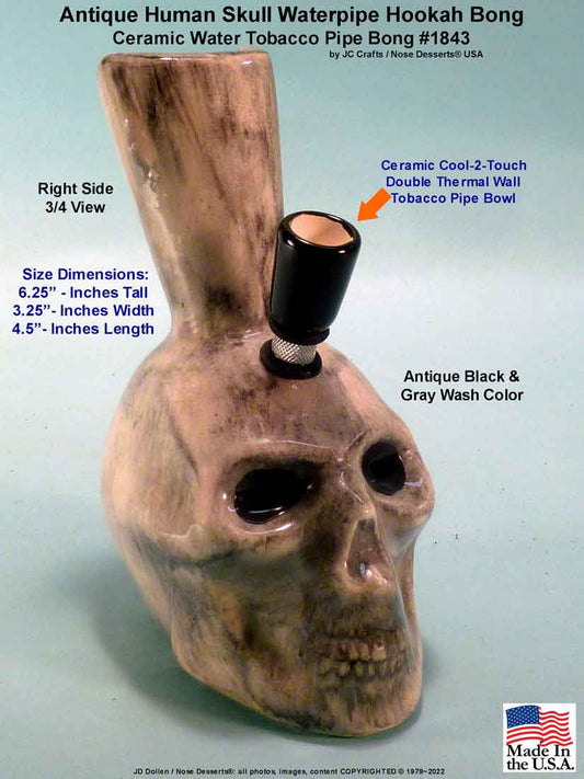#1843SE: Classic Vintage 1970's Reproduction,Antique Human Skull Water Hookah Bong Tobacco Pipe Ceramic Glass Rumph #1843 USA FREE SHIPPING!