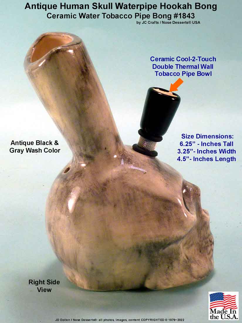 #1843SE: Classic Vintage 1970's Reproduction,Antique Human Skull Water Hookah Bong Tobacco Pipe Ceramic Glass Rumph #1843 USA FREE SHIPPING!