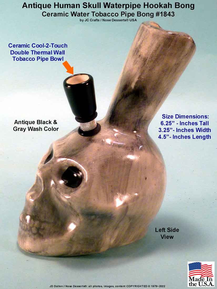 #1843SE: Classic Vintage 1970's Reproduction,Antique Human Skull Water Hookah Bong Tobacco Pipe Ceramic Glass Rumph #1843 USA FREE SHIPPING!