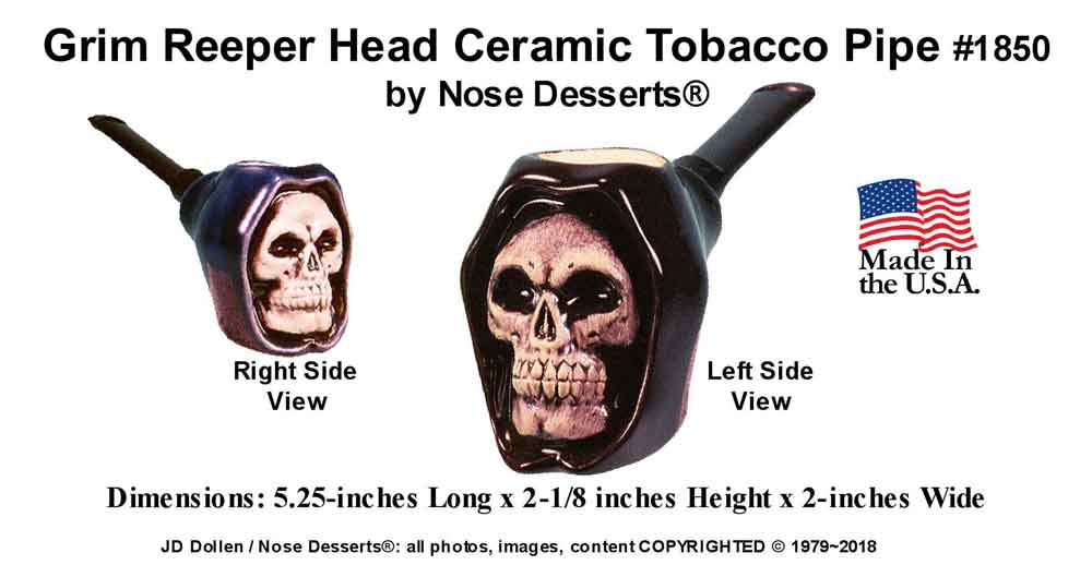 Classic Vintage Reproduction of Wicked Grim Reaper Skull Toker, Tobacco Pipe Ceramic Glass Ice Cube Predator Made in USA, FREE SHIPPING!