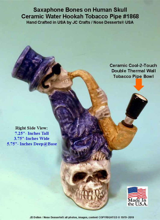 #1868: Classic Vintage 1970's Rumph Type Reproduction, Saxabones Jazz Grim Reaper Skull Ceramic Glass Tobacco Bong Water Pipe, USA FREE SHIPPING!