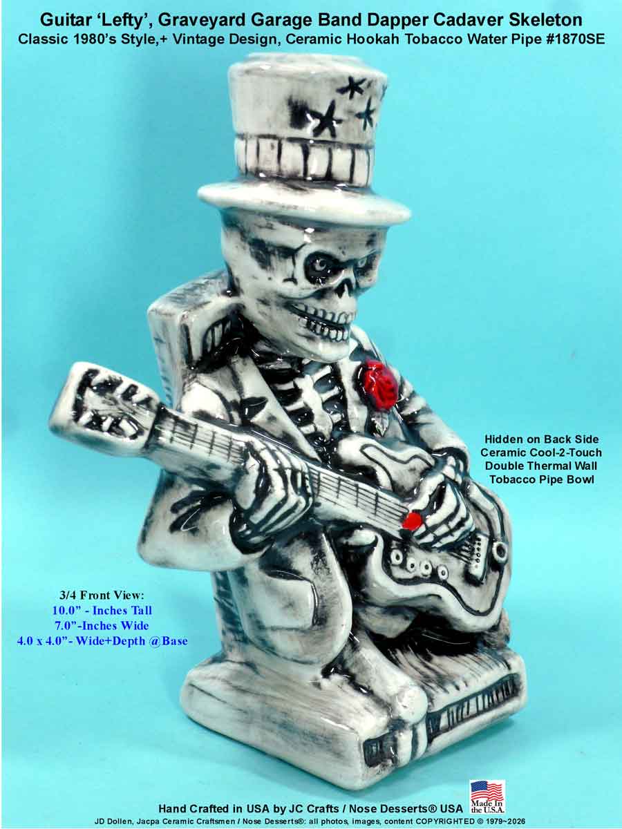 #1870SE: Classic Vintage 1980's Rumph Style Reproduction, 'Lefty' Garage Band Rocking Guitar Sculpted Ceramic Glass Tobacco Bong Water Pipe - FREE SHIPPING!