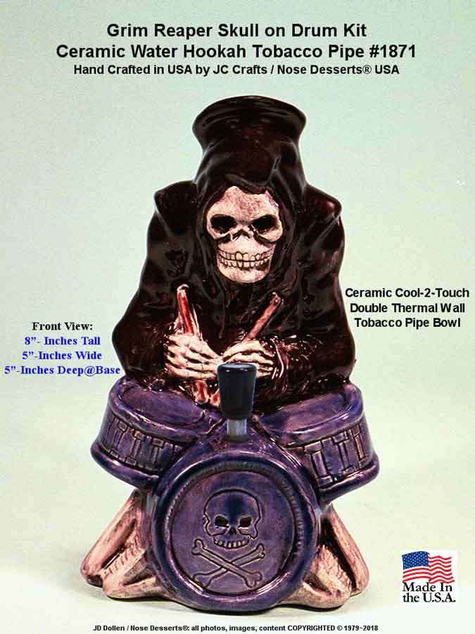 #1871: Classic Vintage 1970's Rumph Type Reproduction, Death Drummer Kit Grim Reaper Ceramic Glass Tobacco Bong Water Pipe, USA FREE SHIPPING!