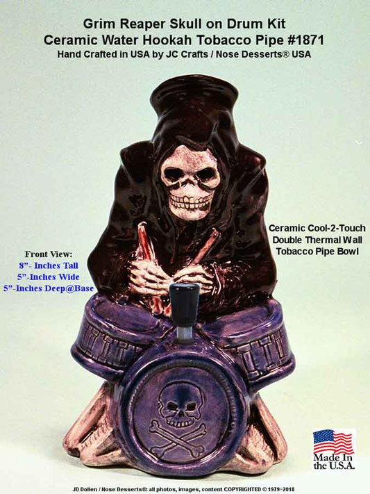 #1871: Classic Vintage 1970's Rumph Type Reproduction, Death Drummer Kit Grim Reaper Ceramic Glass Tobacco Bong Water Pipe, USA FREE SHIPPING!