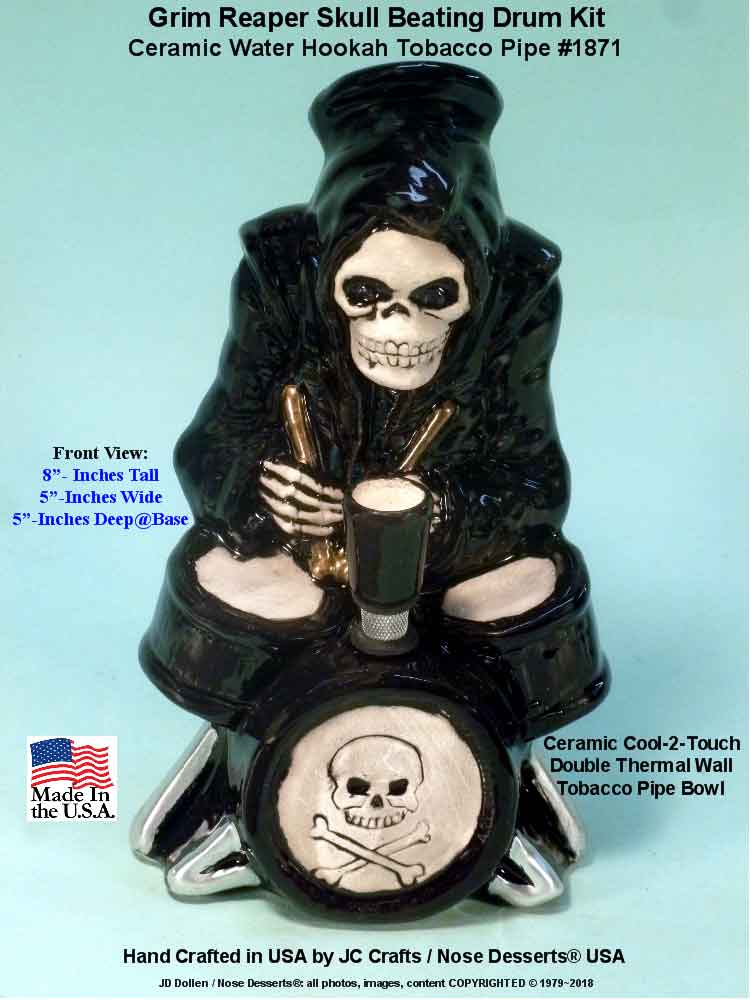 #1871: Classic Vintage 1970's Rumph Type Reproduction, Death Drummer Kit Grim Reaper Ceramic Glass Tobacco Bong Water Pipe, USA FREE SHIPPING!