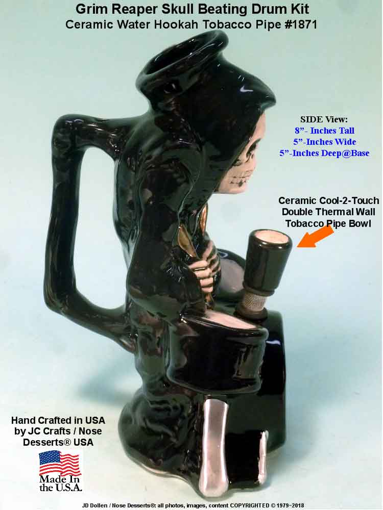 #1871: Classic Vintage 1970's Rumph Type Reproduction, Death Drummer Kit Grim Reaper Ceramic Glass Tobacco Bong Water Pipe, USA FREE SHIPPING!